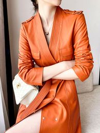 Women s Jackets Lautaro Spring Autumn Long Orange Soft Pu Leather Trench Coat for Women with Deep V Neck Double Breasted Designer Luxury Clothes 221130