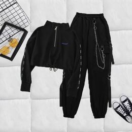 Women's Two Piece Pant Cargo Streetwear Harajuku Pant Chain Females sets Buckle Ribbon Pocket Jogger Elastic High Waist 221130