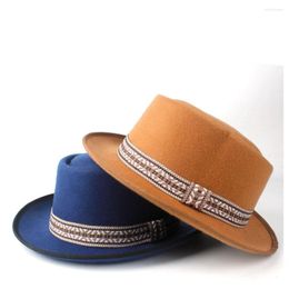 Berets Fashion Men Women Wool Pork Pie Hat With Ribbon Retro Flat Trilby Wide Brim Boater Fedora Jazz Size 58CM