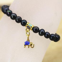 Strand Elegant Natural Black Nearround 7-8mm Pearl Beads Bracelets Elastic Gold-color Cloisonne Pendant Jewellery 7.5inch B3121