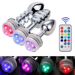 Anal Toys Metal Plug Remote Control Discoloration LED Light Beads Prostate Massager Dildo Butt Sex For Men Women 221130