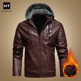 Men's Leather Faux Autumn Winter Fleece Jacket Men Motorcycle PU Casual Hooded Bomber Mens Windbreaker Coats 221202