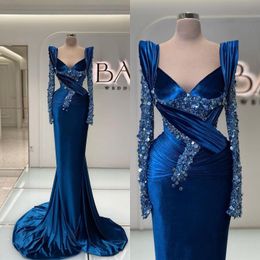 Royal Blue Veet Mermaid Formal Evening Dresses Sparkly Beaded V Neck Long Sleeves Plus Size Birthday Party Gowns Robe De Marriage