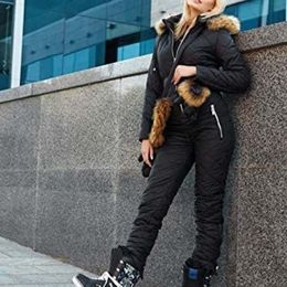 Skiing Suits Women Winter Suites Jumpsuit Outdoor Sports Snowsuit Faux Wool Collar Coat With Hoodies Ski Jackets And Pants 221130