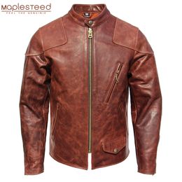 Men's Leather Faux Fashion Natural Horsehide Jacket Men Oil Waxed Cowhide Genuine Coat Slim Male Clothes Autumn Chest 128cm M002 221130
