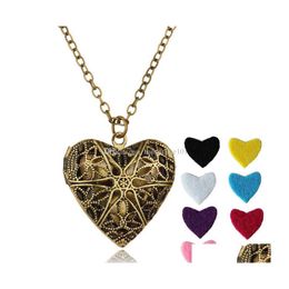 Pendant Necklaces Vintage Heart Shaped Essential Oil Diffuser Necklaces Hollow Floating Aromatherapy Locket Pendant Long Chain For W Dhlkd