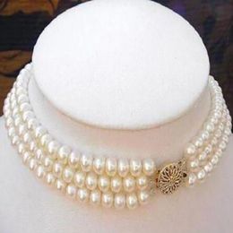 Fashion 3Rows 7-8MM Natural White Akoya Cultured Pearl Choker Necklace 16-18"