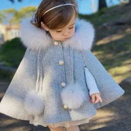 Coat Girls Cape Autumn Winter Plus Cotton Thick Lovely Sweet Windproof Cloak Woolen Kids Outerwear Jackets 221130