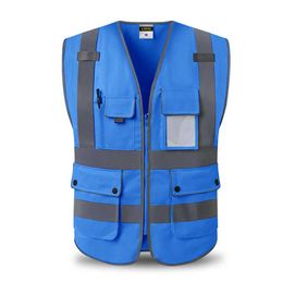 Construction vest Hi Vis Blue Safety Vest Reflective With Zipper and Pockets High Visibility Workwear Work Vest For Men And Women