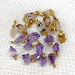 Pendant Necklaces 12pc Gold Edage Natural Crystal Rough Citrine Stone Irregular Raw Ore Amethyst Quartz Charms Necklace Making