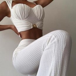 Women's Two Piece Pants autumn and winter women's clothing waist bag hip wide leg pants casual suit sexy el strapless slim small vest high 221130