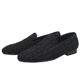 Dress Shoes New Style Black Silver Sequin Thread Knitted Fabric Men Loafers For Party And Banquet Handmade Moccasins Plus Size