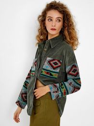 Women's Jackets ZAFUL Ethnic Aztec Printed Corduroy Shacket Women Wide Waisted Shirt Jacket Turn Down Collar Drop Shoulder Coat Spring