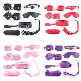 Other Panties 7pcsset for Woman PU Leather SM Bondage Set Sex Handcuffs Footcuffs Whip Rope Eye Mask Blindfold Erotic Toys Couples 221130