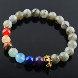 WOJIAER Strands Bracelets 8mm Labradoirte Stone Round Beads Ghost Head 7 Chakra Healing Mala Meditation Prayer Yoga Women Jewellery K3236