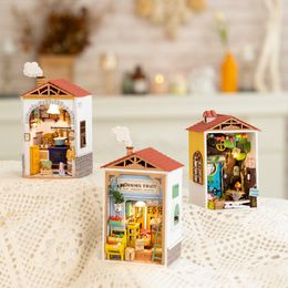 Puzzles Robotime DIY Wooden Dollhouse Mini Town Doll House with Furniture Bookshop for Children Gift Miniature Adult 221201