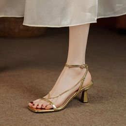 Sandals 2022 Golden Roman Women With Thin Summer Fashion European And American Sexy Leather Chain Square Toe High Heels