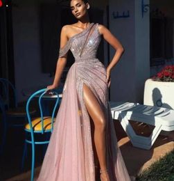 Elegant Off Shoulder Long Prom Dresses Full Beaded For Arabic Women Sexy Front Split Formal Evening Pageant Gowns Robe De BC13141