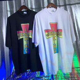 Men's T-Shirts Rainbow Jesus Is King T-shirt Oversize T-shirts Heterochromatic Print Sunday Service Tee Jesus Cross Tops T221130