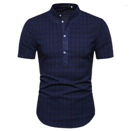 Men's Casual Shirts 2022 Men Short Sleeves Shirt Summer Cotton Line Plaid Slim Stand Collar Comfortable Size S-XXL