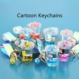 Cartoon Acrylic Oil Liquid Quicksand Keychain Animation milk tea Cup Floating Key Ring Chain Straps Doll Bag Pendant