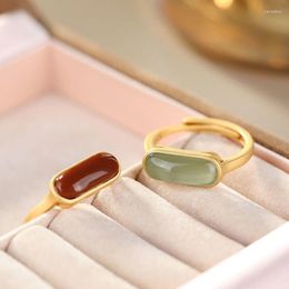 Cluster Rings Original Design Ancient Gold Craftsmanship Inlaid Natural Hetian Jade Oval Opening Adjustable Southern Red Tourmaline Ring
