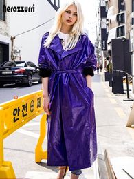 Women s Jackets Nerazzurri Spring Autumn Purple Shiny Womens Patent Leather trench coat belt raglan sleeve Oversized soft runway long Overcoat 221130