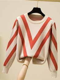 Women's Sweaters 2022 Knitted Women Sweater Loose Striped Jersey Mujer Winter Clothes Autumn O Neck Pullover Long Sleeve Tops Pull Femme