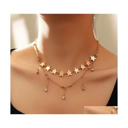 Pendant Necklaces Punk Gold Colour Star Choker For Women Crystal Rhinestone Tassel Pendant Necklace Short Chocker Statement Collar Dr Dhjov