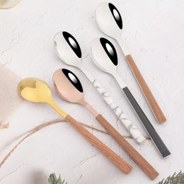 Dinnerware Sets 6Pcs Dessert Spoons Cutlery Set Stainless Steel Tableware Imitation Wood Handle Coffee Tea Spoon Party Silverware