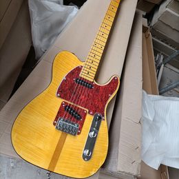 6 Strings Yellow Electric Guitar with Flame Veneer Yellow Maple Fretboard Red Pearled Pickguard Customizable