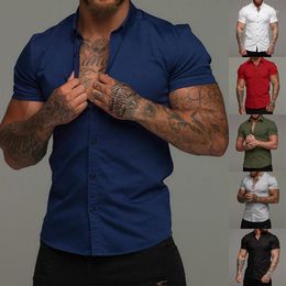 Men's Casual Shirts Fashionable Muscle Men's Fitness Short Sleeve Lapel Shirt Stretch Thin Solid Colour Sports Cardigan Business Ironing