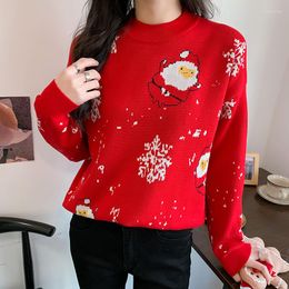 Women's Sweaters Abrini Women Santa Claus Printed Christmas Thick Red Sweater Knit O-neck Long Sleeve Casual Jumpers Pull Winter