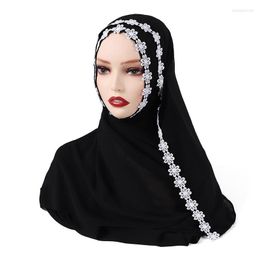 Scarves Ramadan Muslim Women's Shayla Lace Flowers Chiffon Turban Long Scarf Eid Islamic