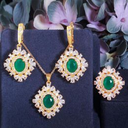 Necklace Earrings Set CWWZircons Shiny African Cubic Zirconia Dubai Gold Colour Green CZ For Women Engagement Costume Accessories T518