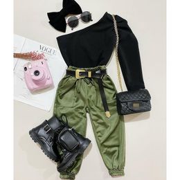 Clothing Sets 2 7Y Kids Girls Fashion Clothes Baby One Shoulder Long Sleeve T shirt Pocket Loose Pants Summer Autumn Children Outfits 221130