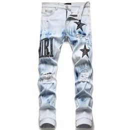 Men's Jeans Mens European Jean Hombre Letter Star Hole Pants Embroidery Patchwork Ripped For Trend Brand Motorcycle Pant Skinny fdgdgf