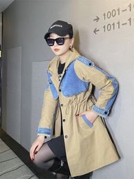 Women's Trench Coats Windbreaker Women's 2022 Spring Hooded British Style Khaki Mid-Length Denim Patchwork Jacket Drawstring Slim Waist