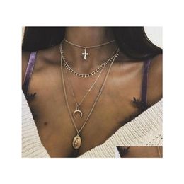 Pendant Necklaces 4 Pcs/Set Female Necklace Set Gold Cross Moon Virgin Mary Pendant Classic Women Dance Party Jewellery Drop Delivery Dhjgy