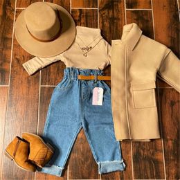 Clothing Sets 1 6Y Fashion Children Baby Girls Clothes Set Solid Turtleneck Long Sleeve Pullover Tops Denim Pants 2pcs Autumn Outfit 221130