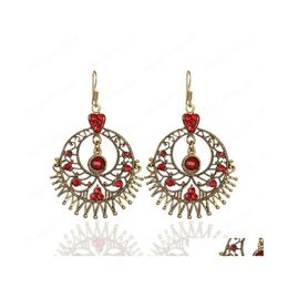 Dangle Chandelier Retro Womens Exaggerated Large Round Hollow Alloy Dangle Earrings Hanger Bohemia Red Crystal Rhinestone Wedding Dh35J