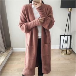 QNPQYX Autumn Loose Mid-length Sweater Female Long-sleeve V-neck Big Pocket Solid Knitted Cardigan Sweaters Women Open Stitch Knitwear