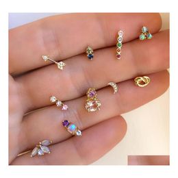Stud Bohemian Fashion Jewellery Cute Mini Single Piece Colorf Rhinstone Stud Earrings Set Geometry Arrow Moon Drop Delivery Dhq96