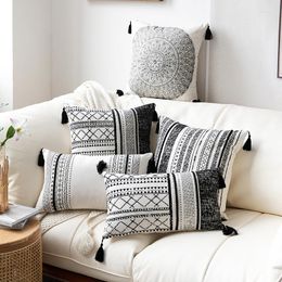 Pillow Cover 30x50 45x45cm Modern Simple Style Cotton Black And White Striped Printed Tassel Case For Sofa Home Decorate