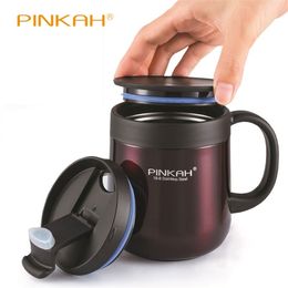 Water Bottles Pinkah 340 460ML 304 Stainless Steel Thermos Mugs Office Cup With Handle Lid Insulated Tea mug es 221130