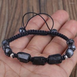 Strand 2022 Simple Natural Rough Black Tourmaline Healing Stone Bead Chunky Labradorite Nylon Rope Adjustable Unisex Bracelet Gift