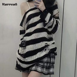 Women's Sweaters Karrcat Punk Gothic Long Sweater Women Dark Aesthetic Striped Pullovers Hollow Out Oversized Grunge Jumpers Emo Alt Clothes Y2k 221201