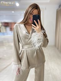 Women's Two Piece Pants Clacive Causal Loose Home Suit Autumn Fashion Khaki Satin Wide Set Elegant Long Sleeve Lace Up Robe s 221130