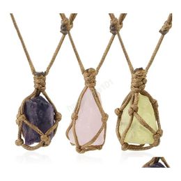 Pendant Necklaces Natural Stone Rope Wrap Necklace Irregar Rose Crystal Quartz Pendant Necklaces Adjustable Women Girl Vintage Jewel Dhujo