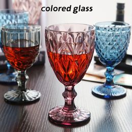 Wholesale 240ml 300ml 4 Colours European type relief Coloured glass wine glasses thickened tall vintage wine ware